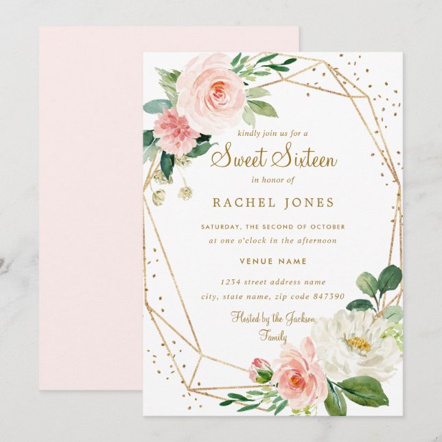 Blush Gold Floral Geometric Sweet Sixteen Invite (Front/Back)