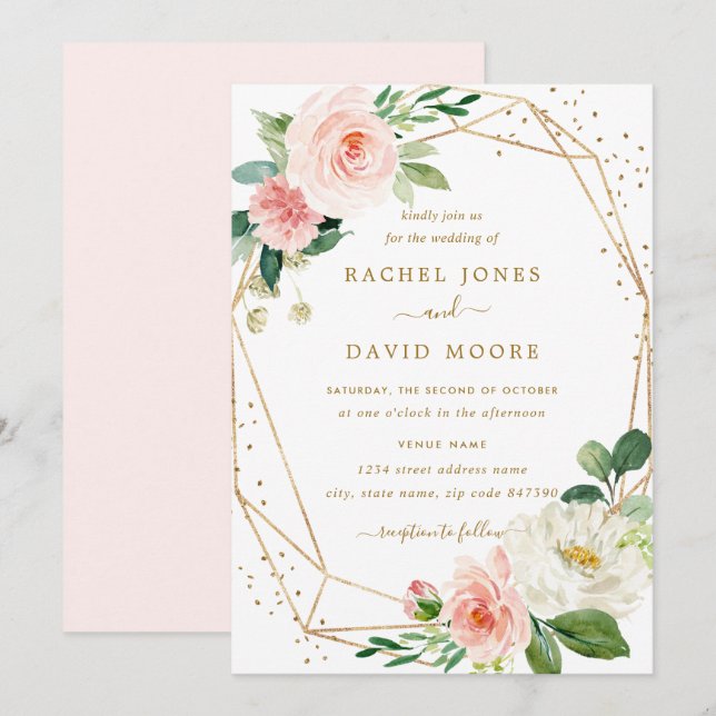 Blush Gold Floral Geometric Wedding Invitation (Front/Back)