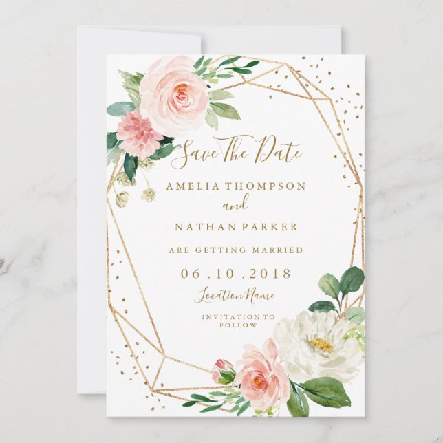 Blush Gold Floral Geometric Wedding Save The Date (Front)