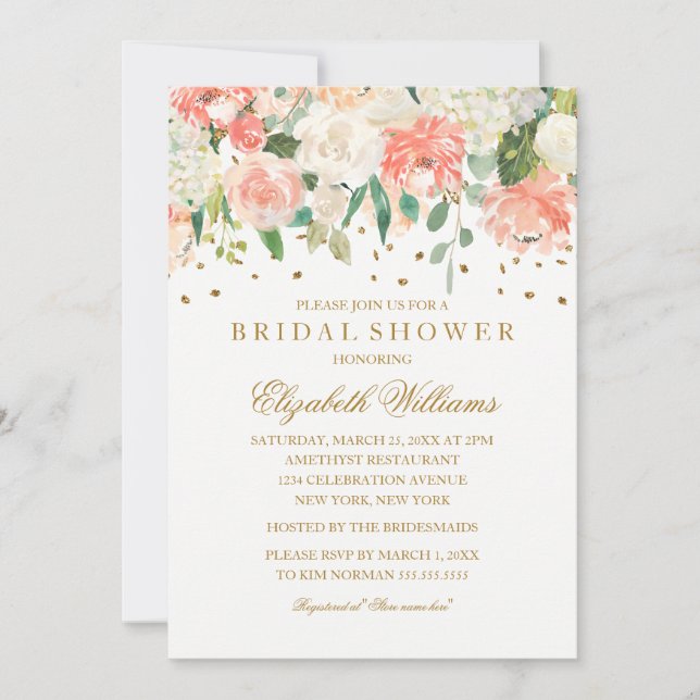 Blush Gold Floral Glitter Bridal Shower Invitation (Front)