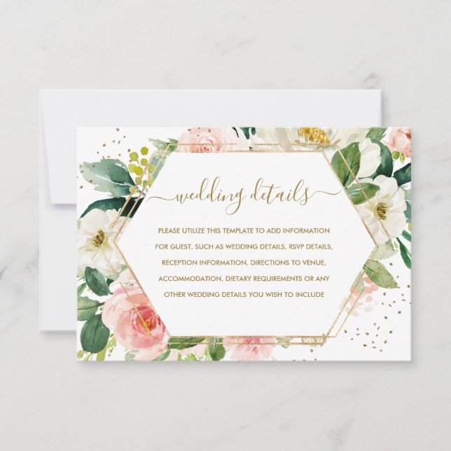 Blush Gold Floral Gold Wedding Details RSVP Card (Front)