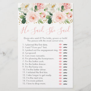 Blush Gold Floral He Said She Said Bridal Game
