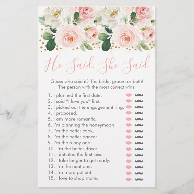 Blush Gold Floral He Said She Said Bridal Game (Front)