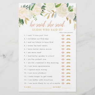 Blush Gold Floral He Said She Said Shower Game
