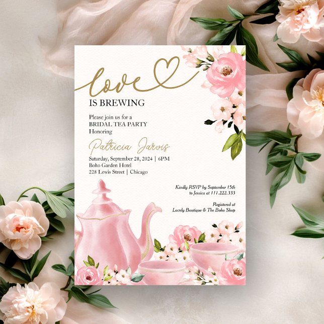 Blush Gold Floral Love is Brewing Bridal Shower Invitation (Creator Uploaded)