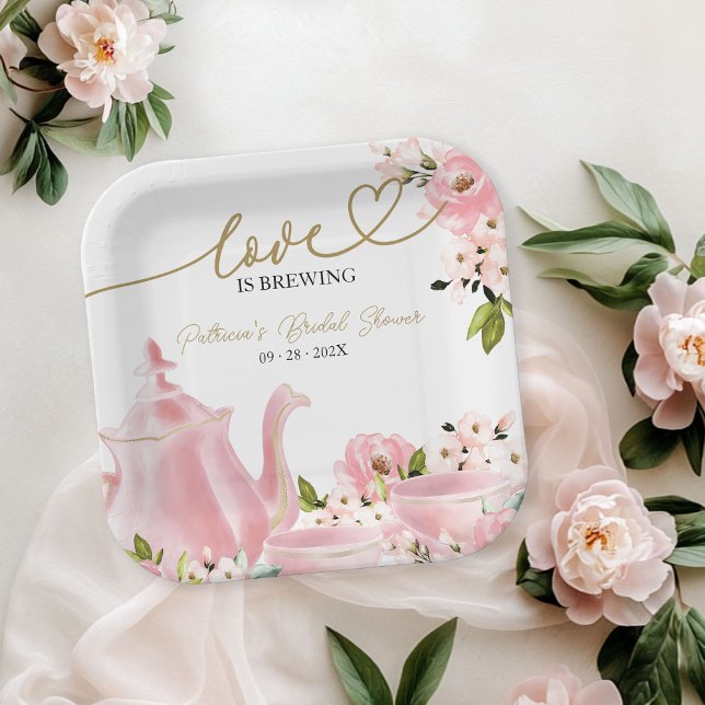Blush Gold Floral Love is Brewing Bridal Shower Paper Plate (Creator Uploaded)
