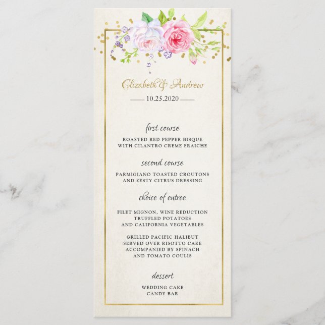 Blush Gold Floral Modern Gold Frame Wedding Menu (Front)