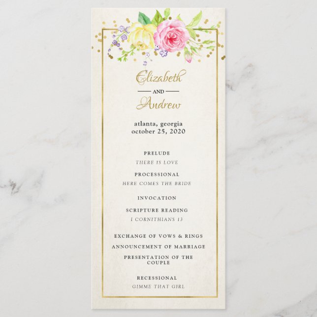 Blush Gold Floral Modern  Wedding Ceremony Program Programme (Front)