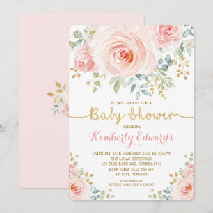 Blush Gold Floral Rose Girl Baby Shower Invitation