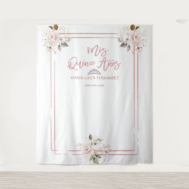 Blush Gold Floral Roses Gold MIS QUINCE AÑOS Tapestry (Front)