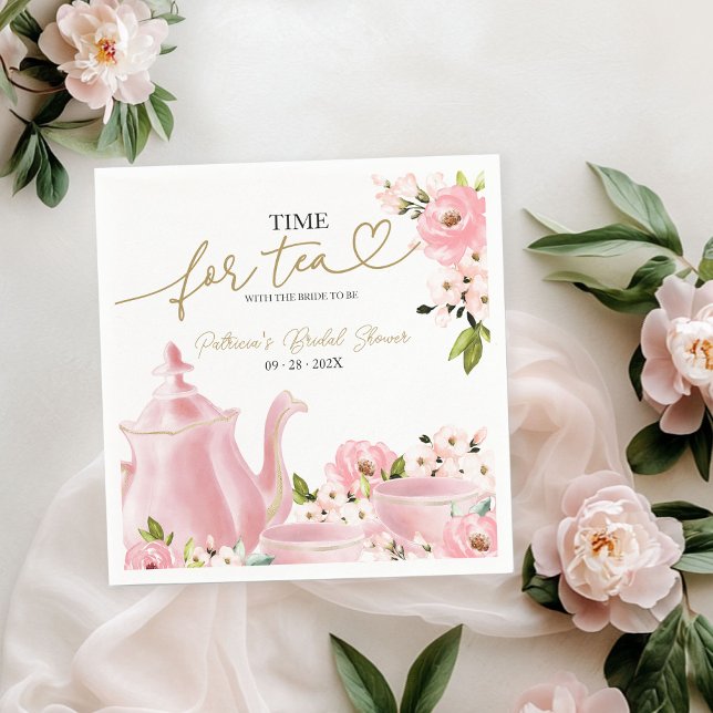 Blush Gold Floral Time for Tea Bridal Shower Napkin (Creator Uploaded)
