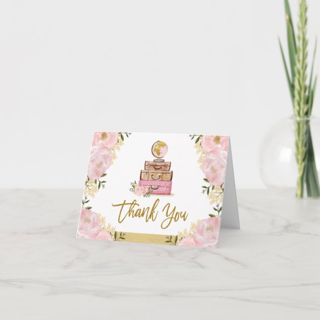 Blush Gold Floral Travel Suitcase Bridal Shower Thank You Card (Front)