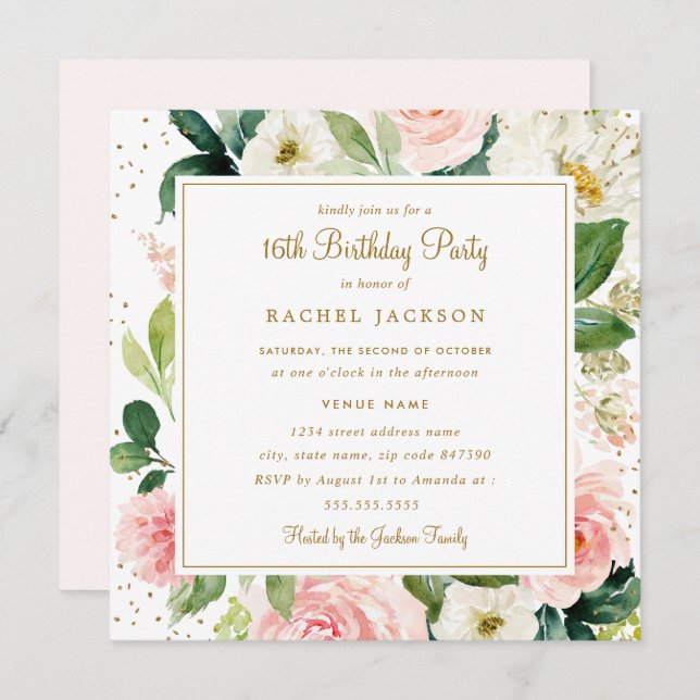 Blush Gold Floral Watercolor 16th Birthday Invite (Front/Back)