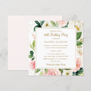 Blush Gold Floral Watercolor 50th Birthday Invite