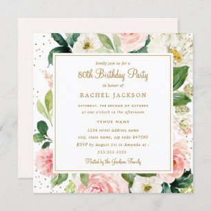 Blush Gold Floral Watercolor 80th Birthday Invite