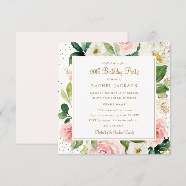 Blush Gold Floral Watercolor 90th Birthday Invite (Front/Back)