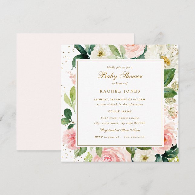 Blush Gold Floral Watercolor Baby Shower Invite (Front/Back)