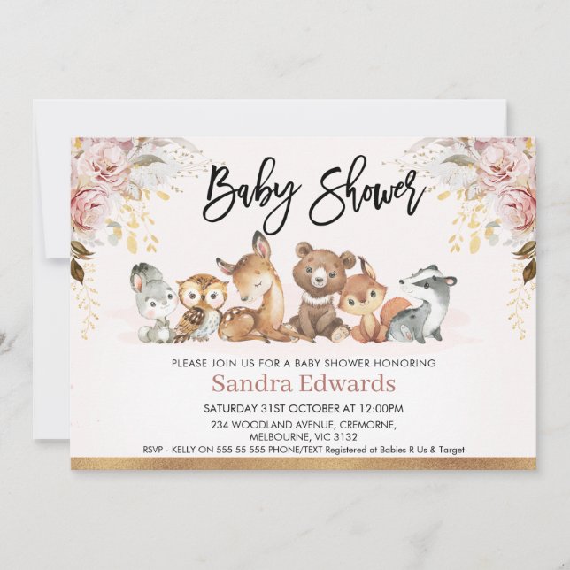 Blush Gold Floral Woodland Baby Shower  Invitation (Front)