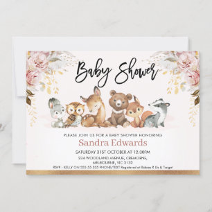 Blush Gold Floral Woodland Baby Shower Invitation