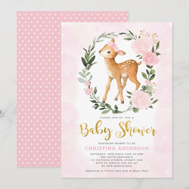 Blush Gold Floral Woodland Deer Girl Baby Shower Invitation (Front/Back)