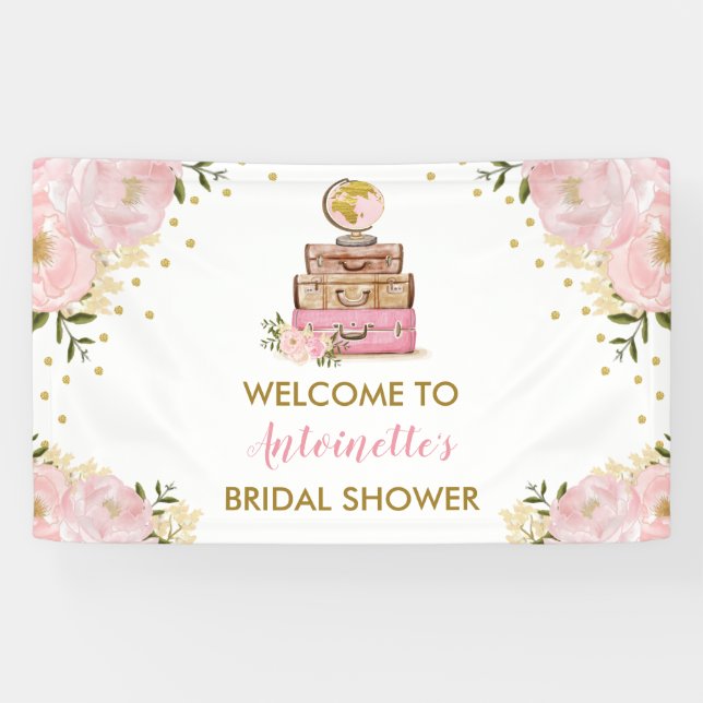 Blush Gold Flower Travel Bridal Shower Welcome Banner (Horizontal)