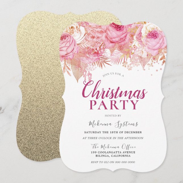 Blush & Gold Flowers Office Family Christmas Party Invitation (Front/Back)