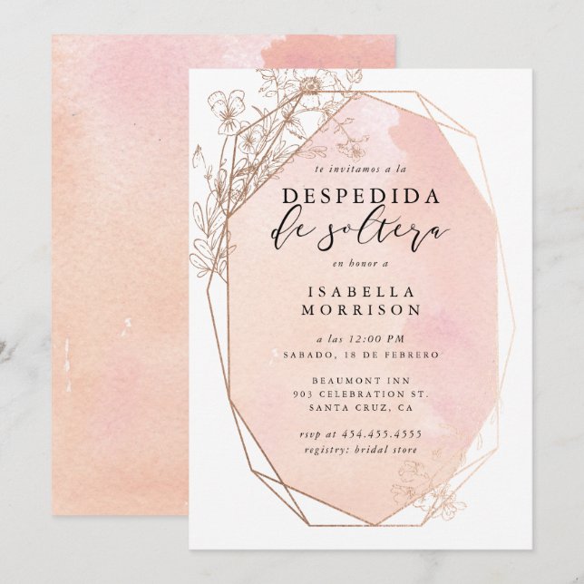Blush Gold Geometric Floral Spanish Bridal Shower Invitation (Front/Back)