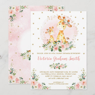 Blush Gold Giraffe Girl Baby Shower Floral Roses Invitation