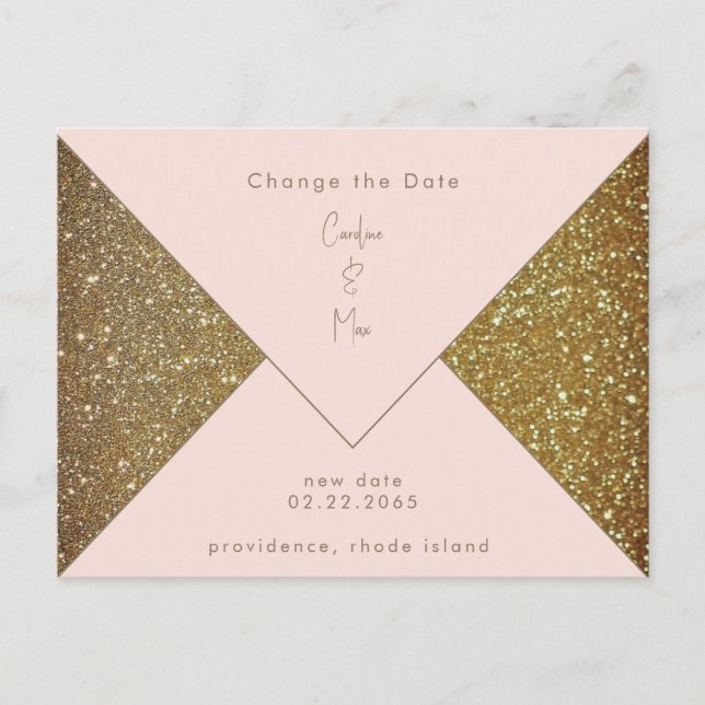 Blush & Gold Glam Wedding Change the Date Postcard (Front)