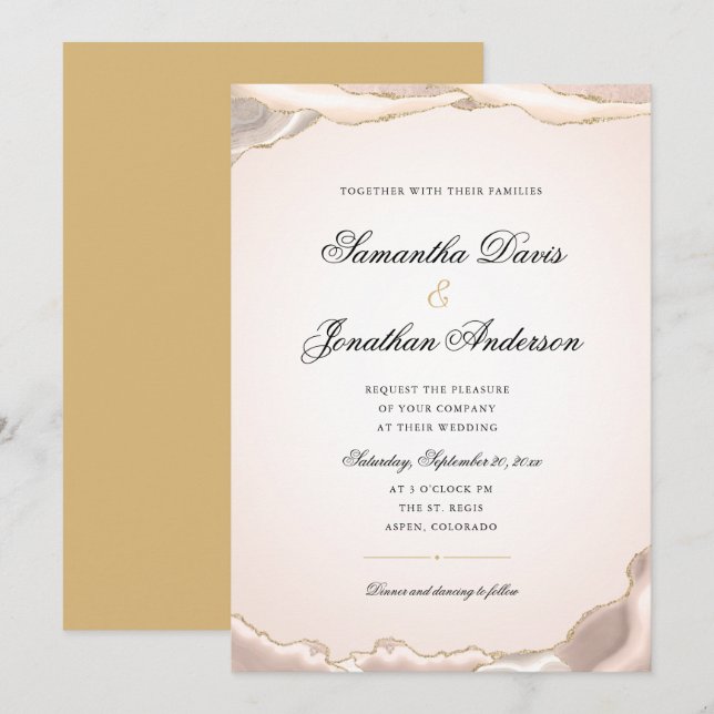 Blush Gold Glitter Agate Elegant Wedding Invit Invitation (Front/Back)