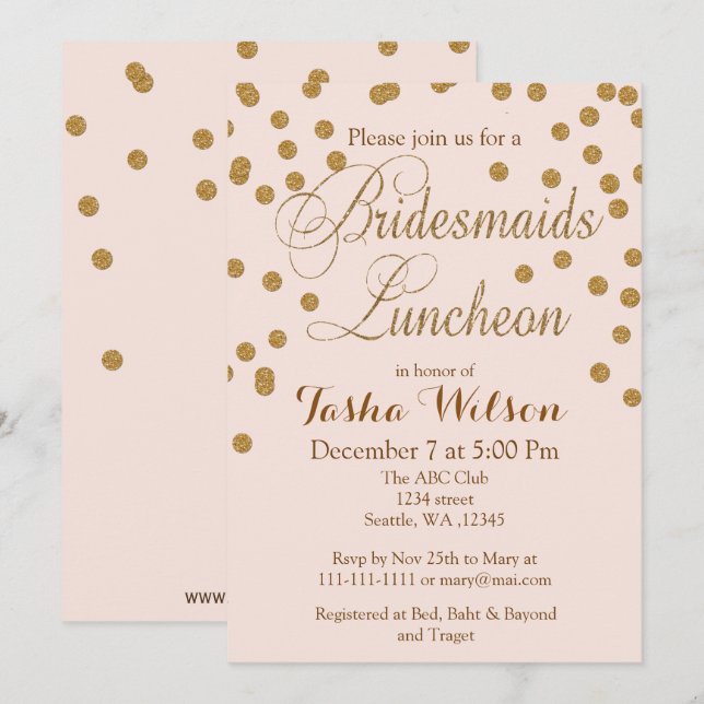 Blush Gold Glitter Bridesmaids Luncheon invites (Front/Back)
