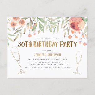 Blush & Gold Glitter Champagne 30th Birthday Invitation Postcard