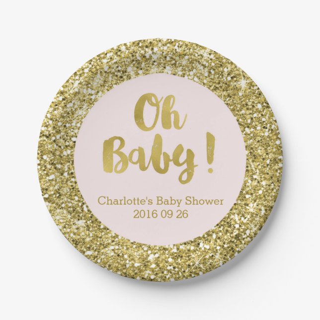Blush Gold Glitter Oh Baby Baby Shower Plate (Front)