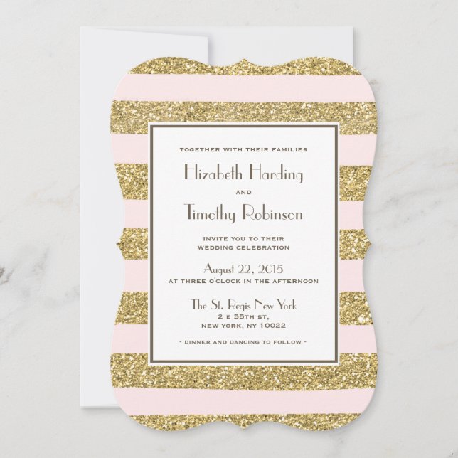 Blush Gold Glitter Stripes Wedding Invitation (Front)