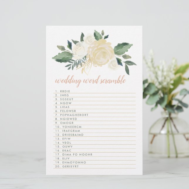 Blush Gold Green Floral Wedding Word Scramble Game Stationery (Standing Front)
