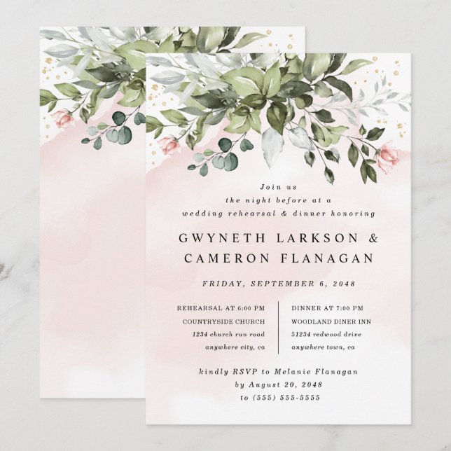 Blush Gold Greenery Dusty Blue Rehearsal Dinner Invitation (Front/Back)