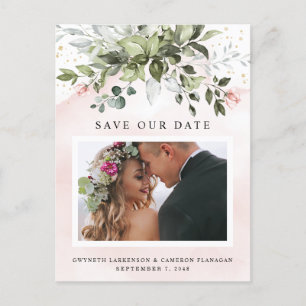Blush Gold Greenery Dusty Blue Save the Date Photo Postcard