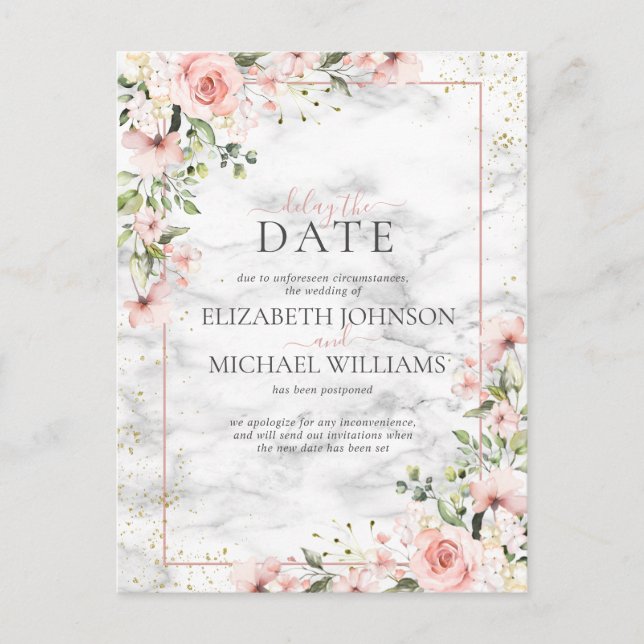 Blush Gold Greenery Dusty Pink Floral Delay Date Postcard (Front)