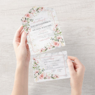 Blush Gold Greenery Dusty Pink Floral Wedding All In One Invitation