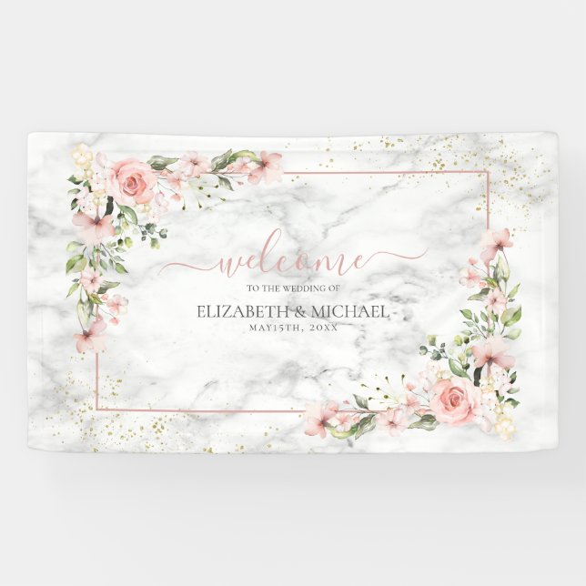 Blush Gold Greenery Dusty Pink Floral Wedding Banner (Horizontal)