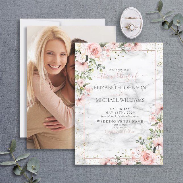 Blush Gold Greenery Dusty Pink Floral Wedding Invitation (Creator Uploaded)