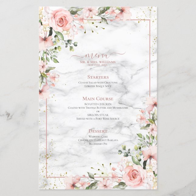 Blush Gold Greenery Dusty Pink Floral Wedding Menu (Front)