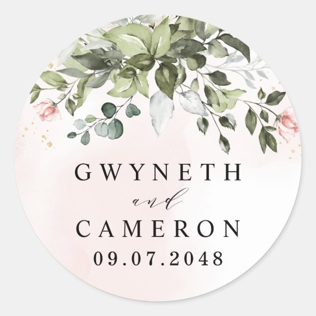 Blush Gold Greenery Succulent Dusty Blue Wedding Classic Round Sticker (Front)