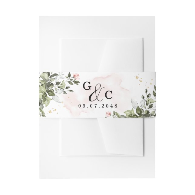 Blush Gold Greenery Succulent Dusty Blue Wedding Invitation Belly Band (Front Example)