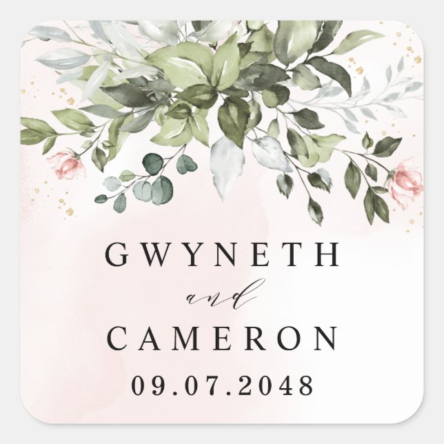 Blush Gold Greenery Succulent Dusty Blue Wedding Square Sticker (Front)