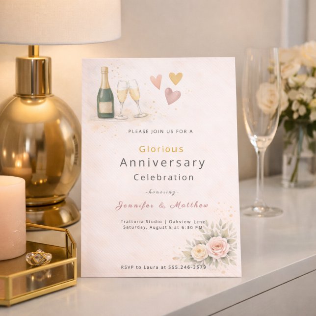 Blush Gold Hearts Anniversary Invitation (Blush and gold heart design with champagne detail for a romantic anniversary evening)