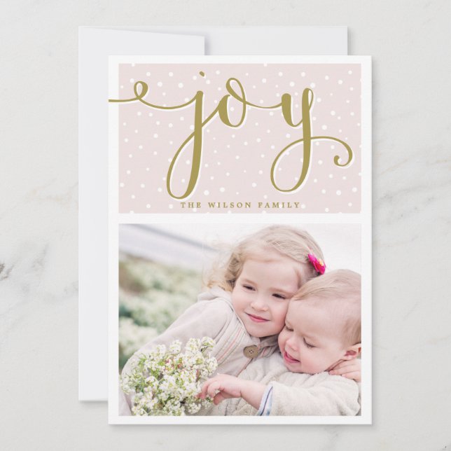 Blush & Gold Joy Script | Holiday Photo Card (Front)
