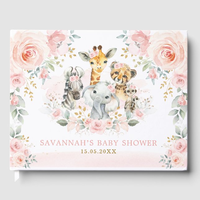Blush Gold Jungle Safari Wild Animals Baby Girl Guest Book (Front)