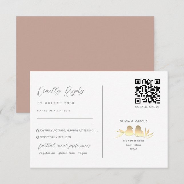 Blush Gold Lovebirds QR Code RSVP Card (Front/Back)