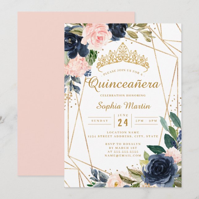 Blush Gold Navy Floral Geometric Quinceanera  Invitation (Front/Back)